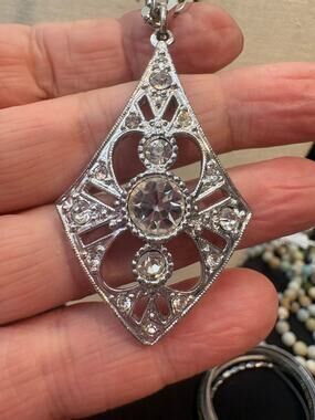 Vintage Monet Rhinestone Pendant Necklace Silver Tone Art Deco Style